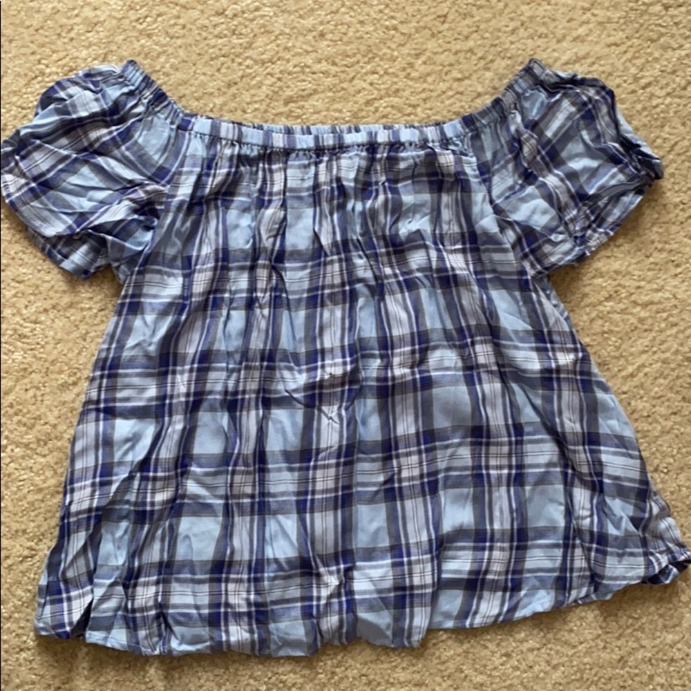 Off the shoulder plaid top.